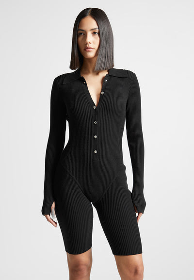 ribbed-knit-long-sleeve-playsuit-black