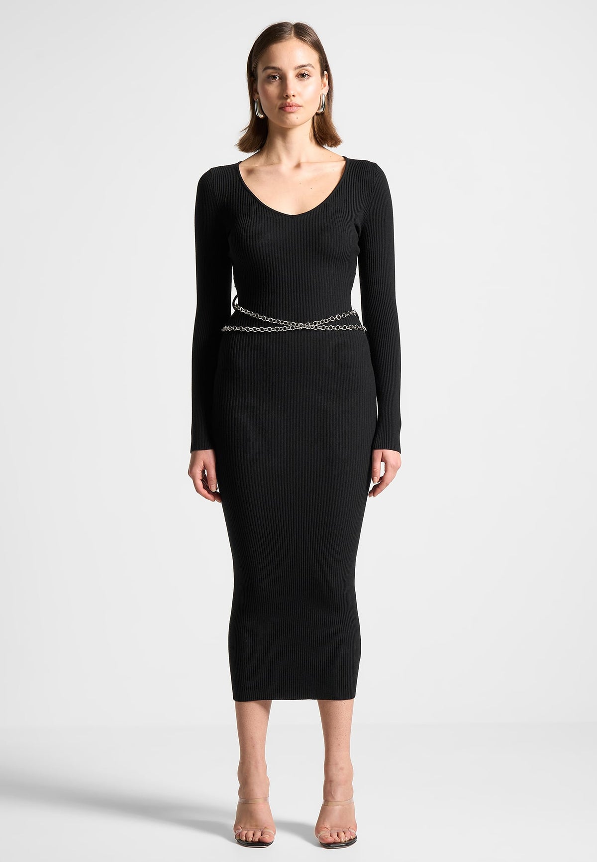 Ribbed Knit Midaxi Dress with Chain Belt - Black