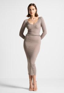 Ribbed Knit Midaxi Dress with Chain Belt - Taupe