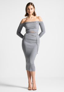 Ribbed Knit Midaxi Skirt with Chain Belt - Grey