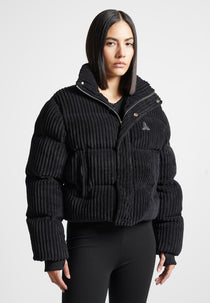 Ribbed Velour Puffer Jacket - Black