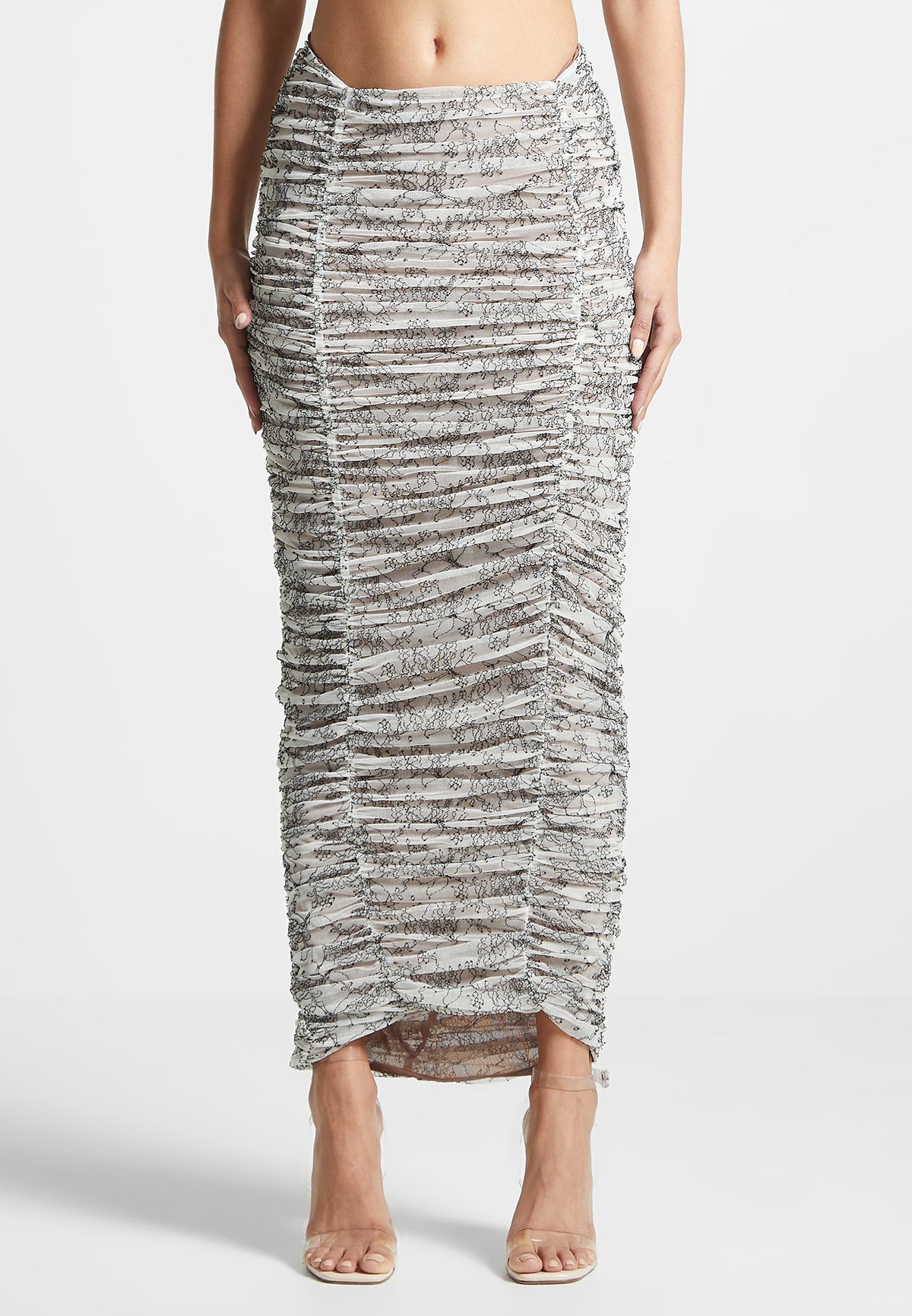 Ruched Lace Asymmetric Midaxi Skirt - Off White