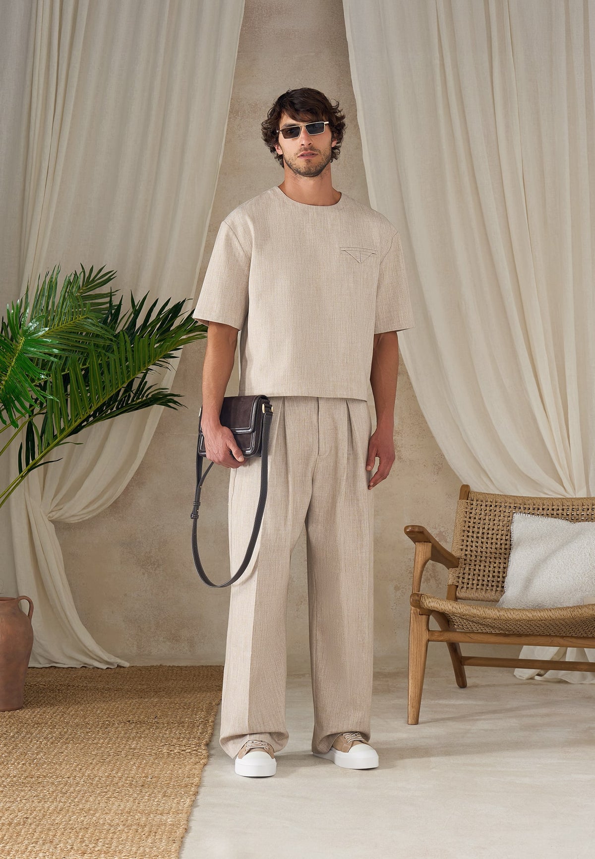 Leon - Boxy Cropped Hatched T-Shirt - Beige
