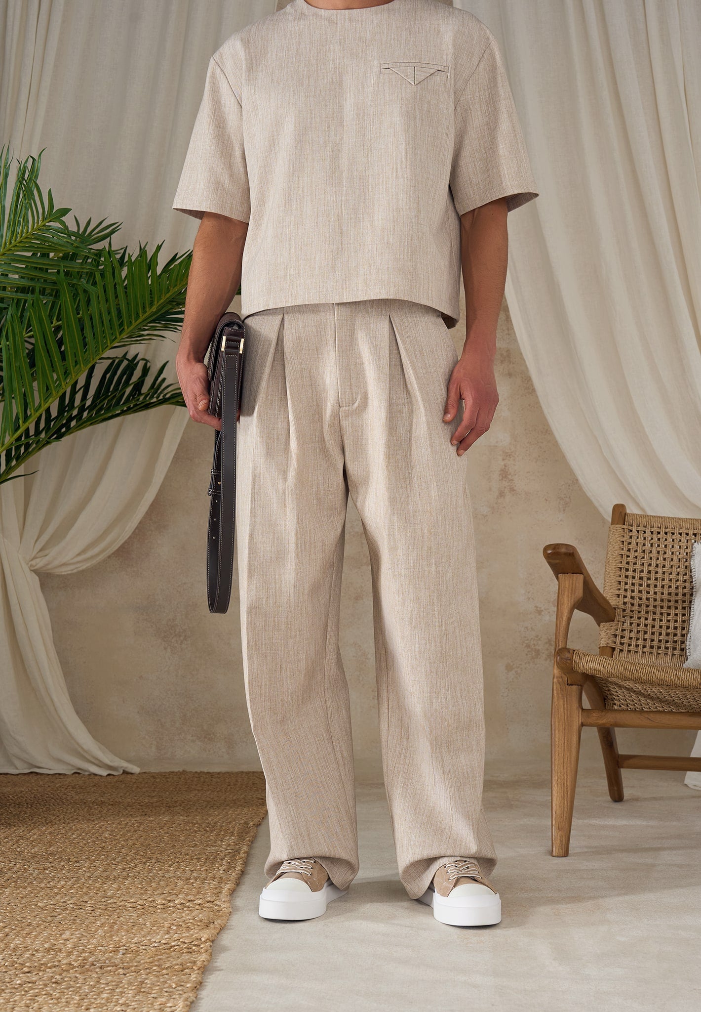 Lior - Box Pleat Wide Leg Trousers - Beige