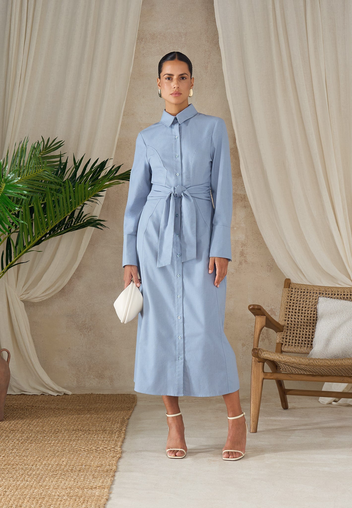 Fern - Linen Midi Shirt Dress With Tie Waist - Blue
