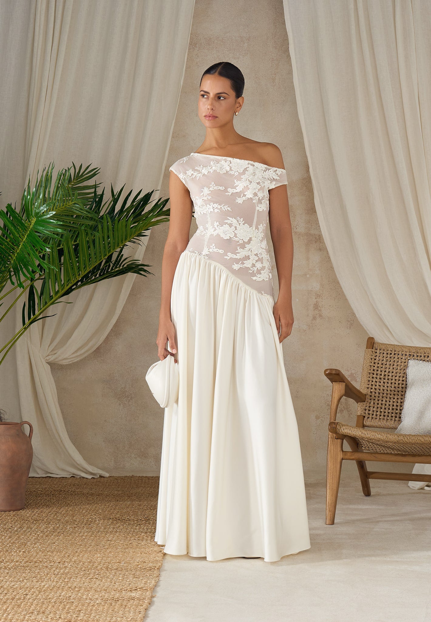 Alanna - Off Shoulder Fit and Flare Maxi Dress - Ivory