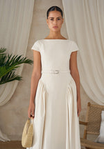 Gaia - Linen Boat Neck Belted Pleated Midi Dress - Natural