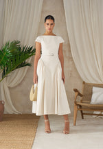 Gaia - Linen Boat Neck Belted Pleated Midi Dress - Natural