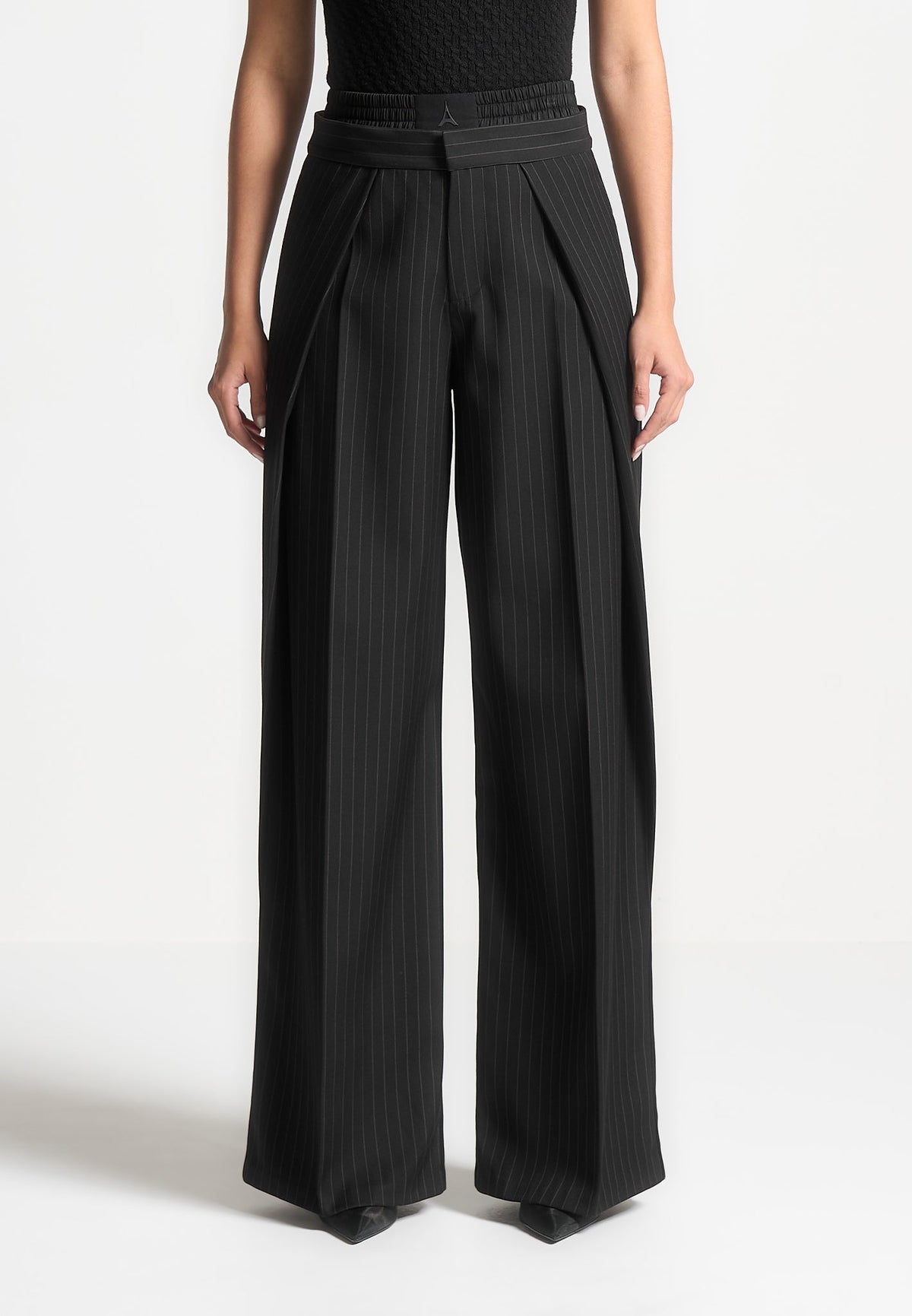 Sofia - Satin Waistband Pinstripe Trousers - Black