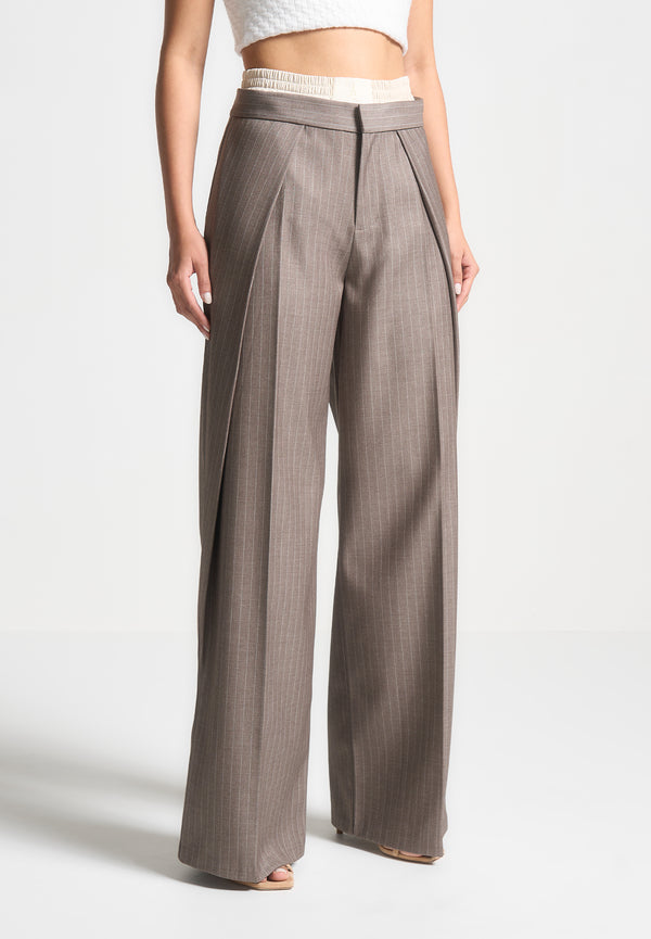 Sofia - Satin Waistband Pinstripe Trousers - Taupe