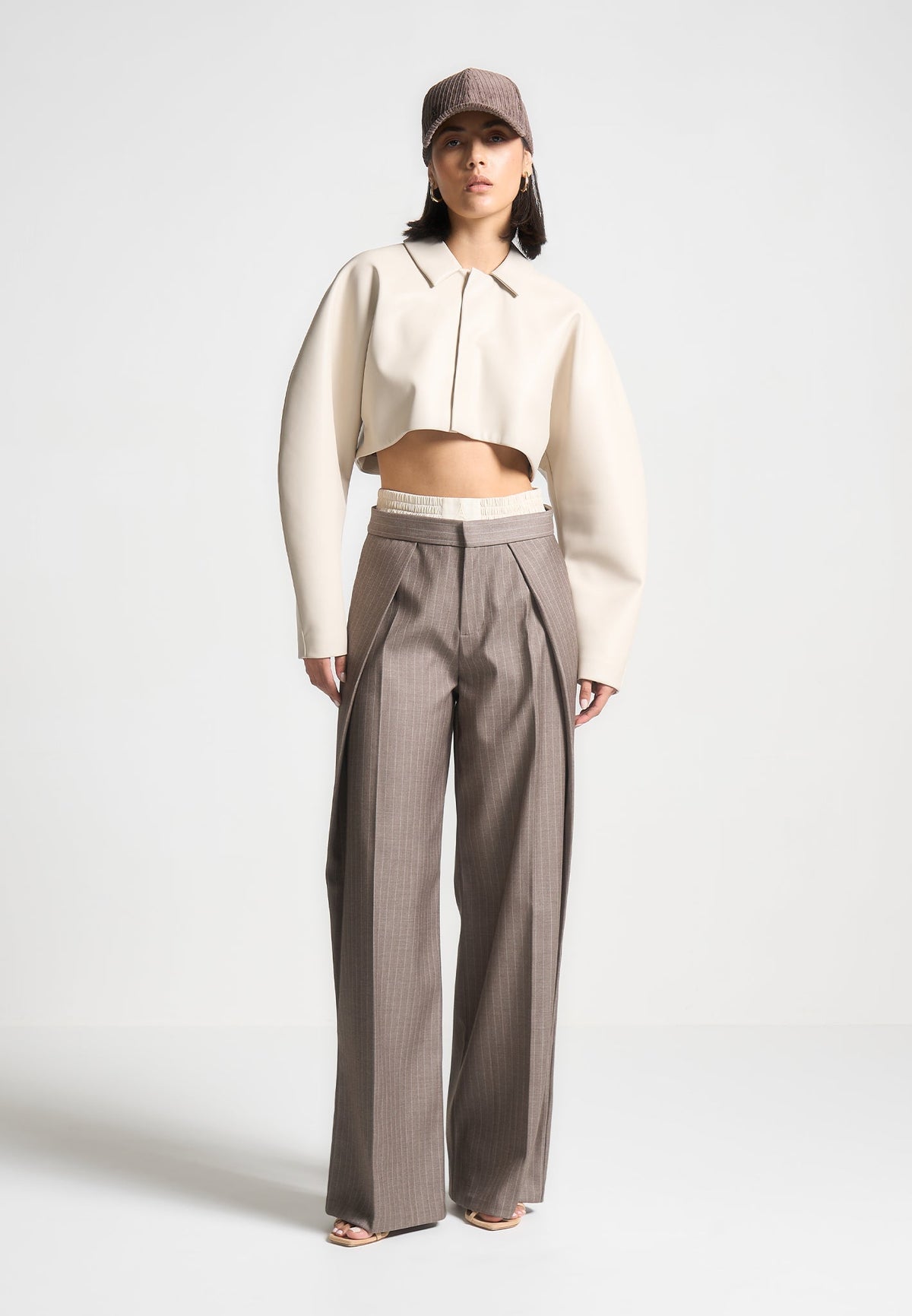 Sofia - Satin Waistband Pinstripe Trousers - Taupe
