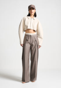 Sofia - Satin Waistband Pinstripe Trousers - Taupe