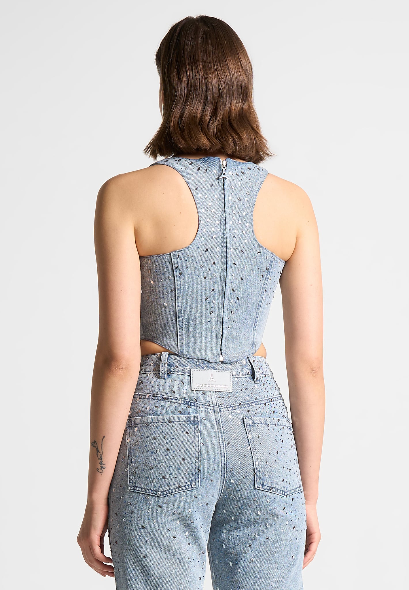 Scattered Rhinestone Denim Corset Top - Mid Blue | Manière