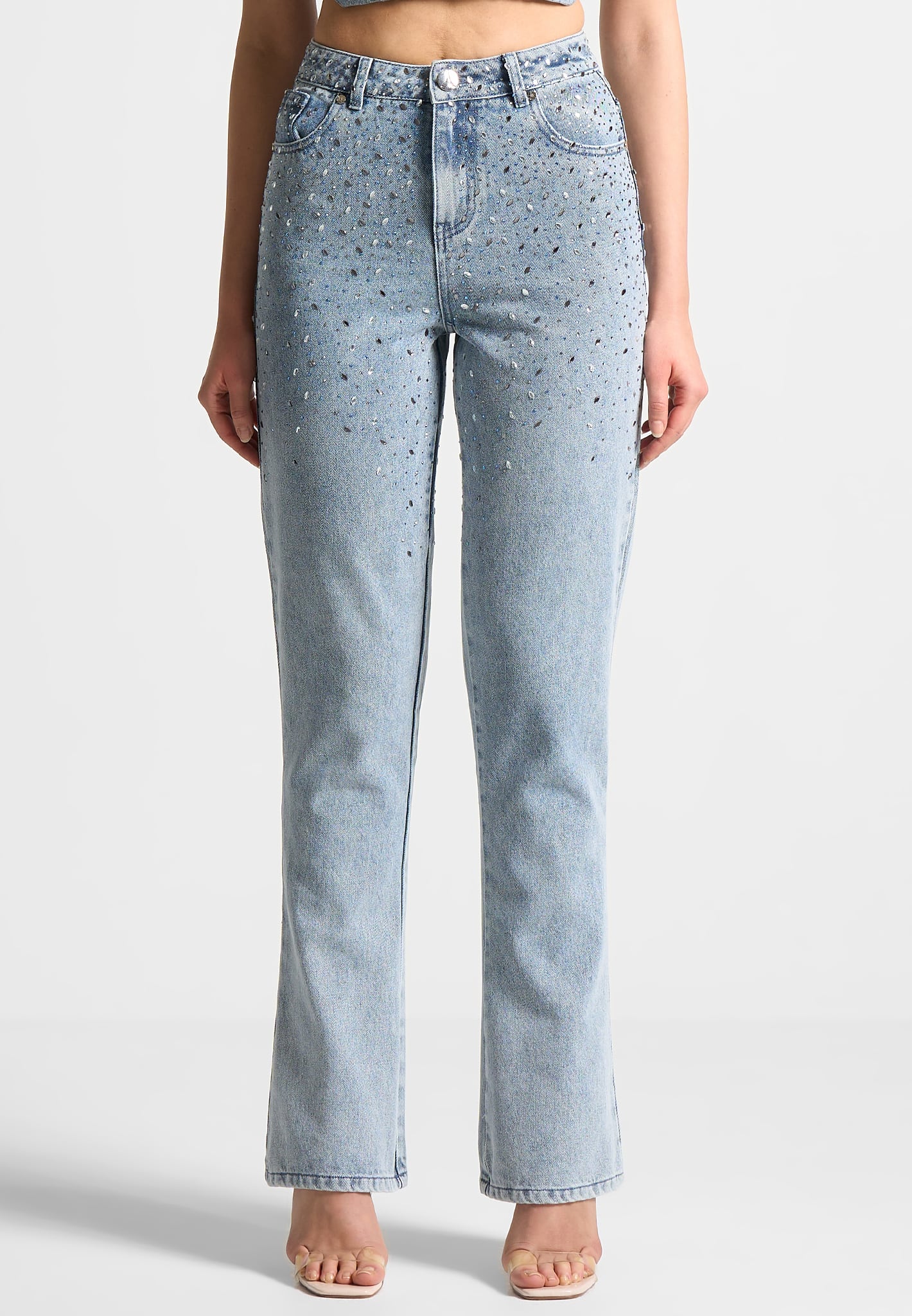 Scattered Rhinestone Mini Flare Jeans - Mid Blue