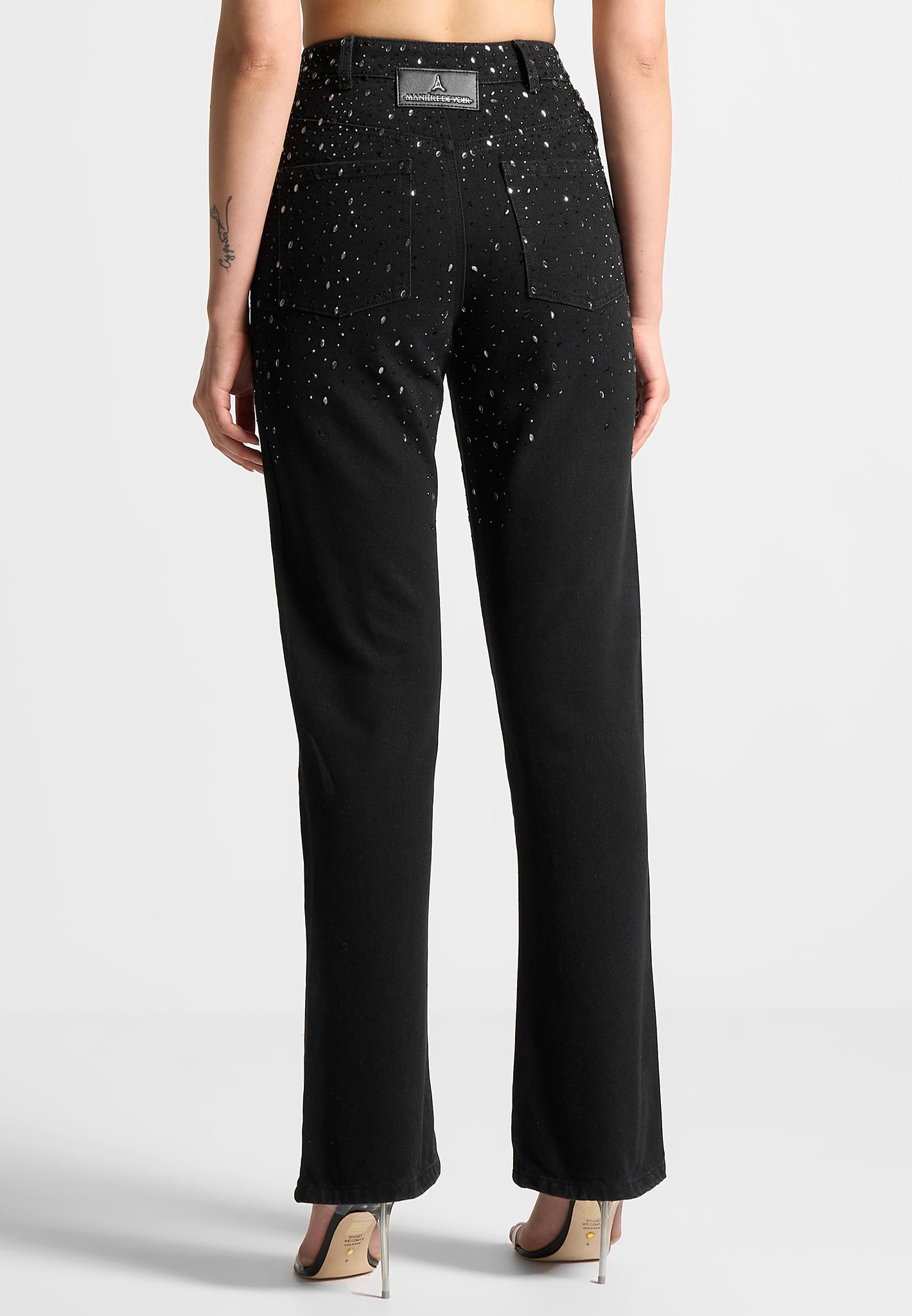 Scattered Rhinestone Mini Flare Jeans Black Mani re De Voir Scattered Rhinestone Mini Flare Jeans Black Mani re De Voir