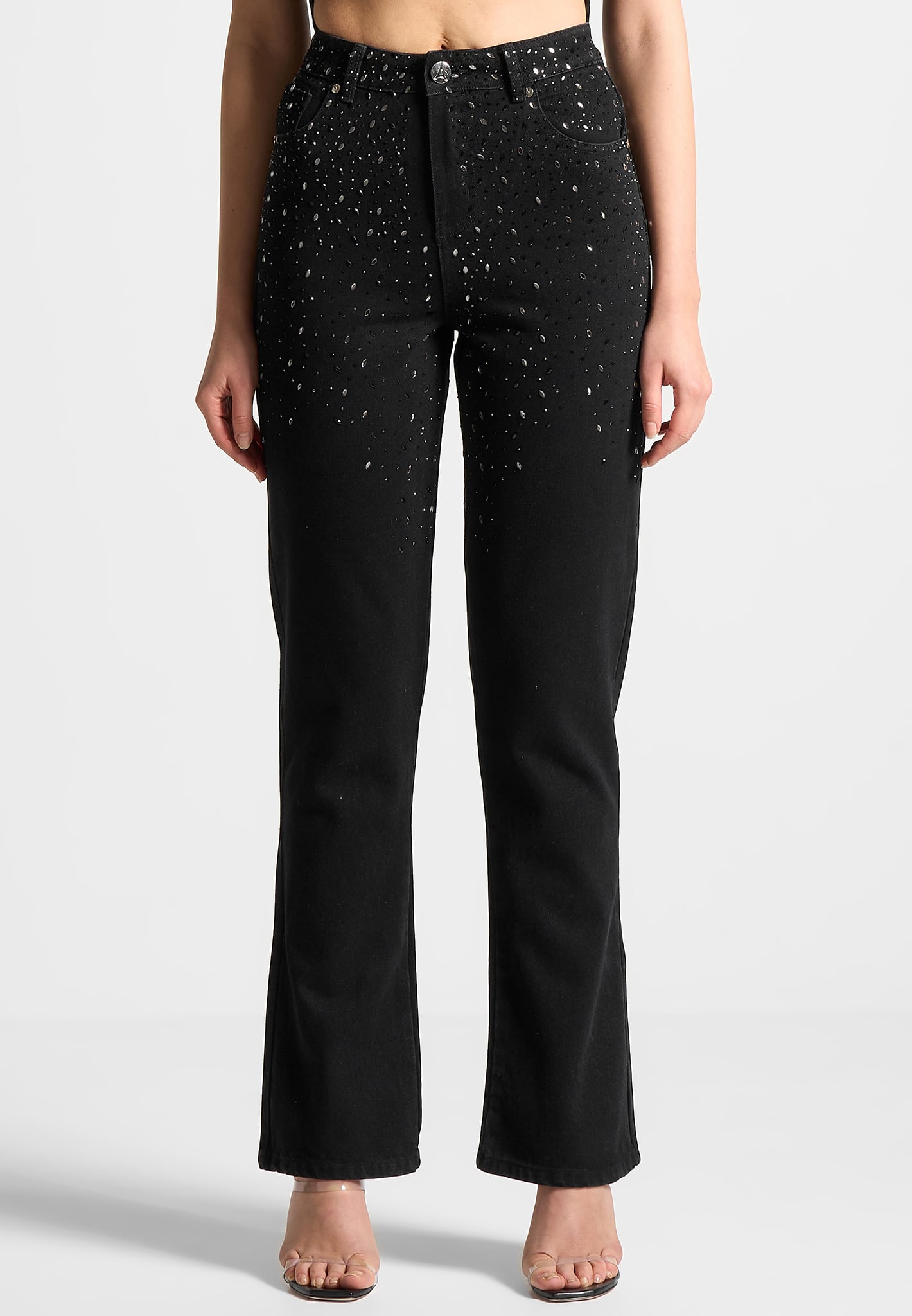 Scattered Rhinestone Mini Flare Jeans Black Mani re De Voir Scattered Rhinestone Mini Flare Jeans Black Mani re De Voir