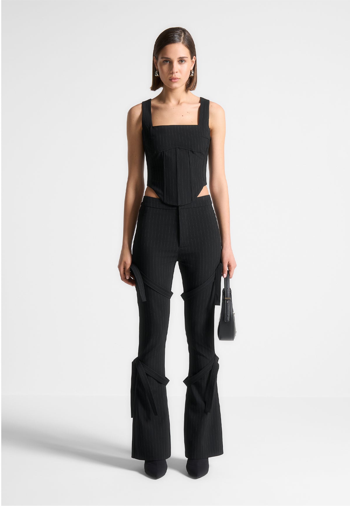 Square Neck Pinstripe Corset Top - Black