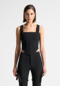 Square Neck Pinstripe Corset Top - Black