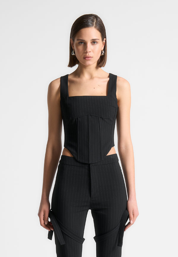 Square Neck Pinstripe Corset Top - Black