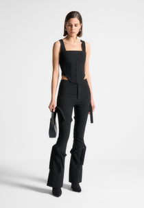Strap Detail Pinstripe Fit and Flare Leggings - Black