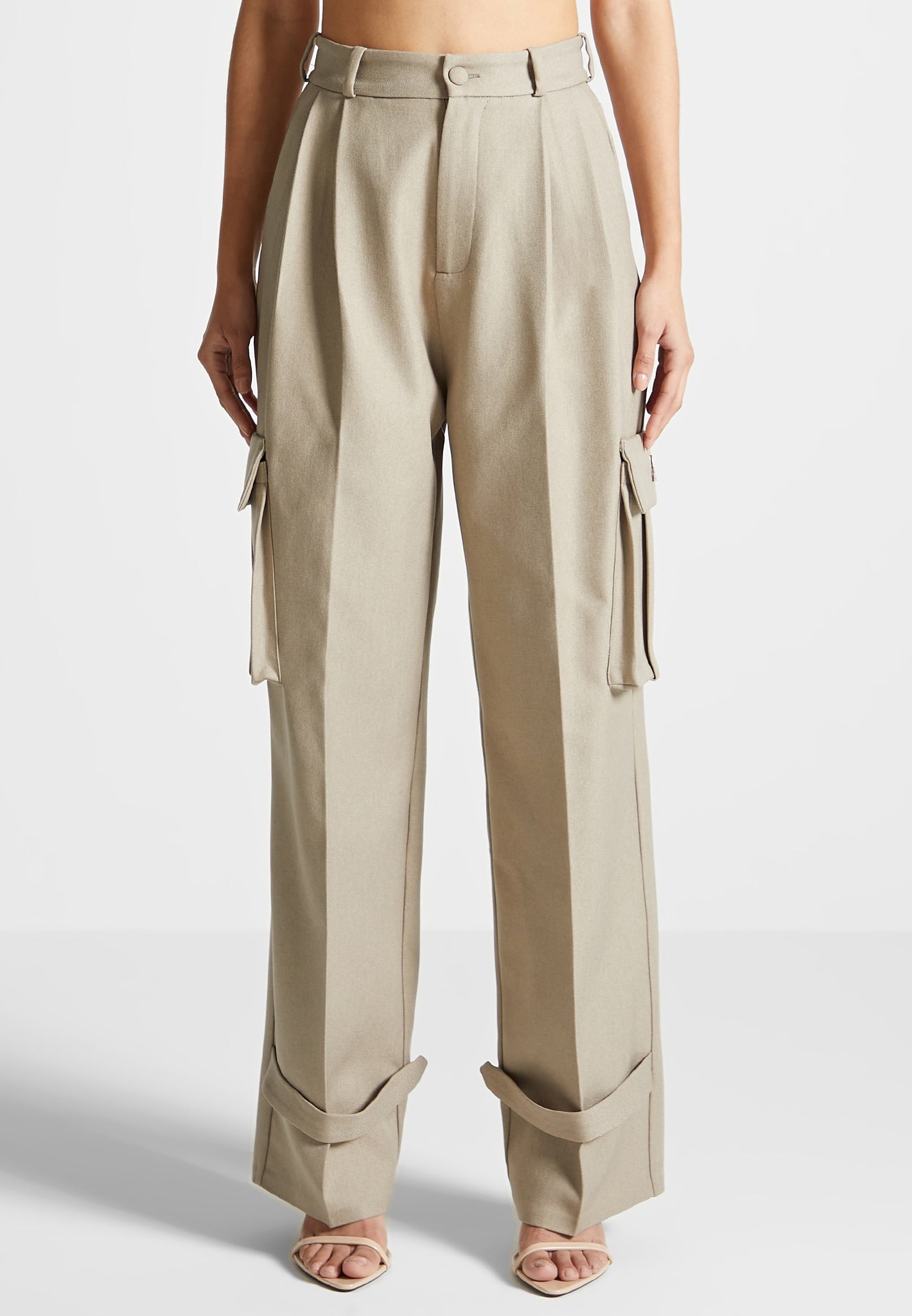 Tailored Pleated Cargo Trousers - Beige