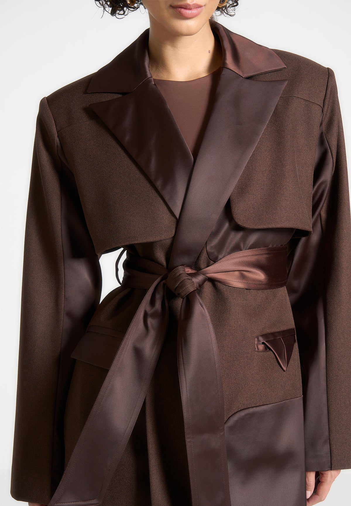Ilona - Tailored Satin Trench Coat - Brown