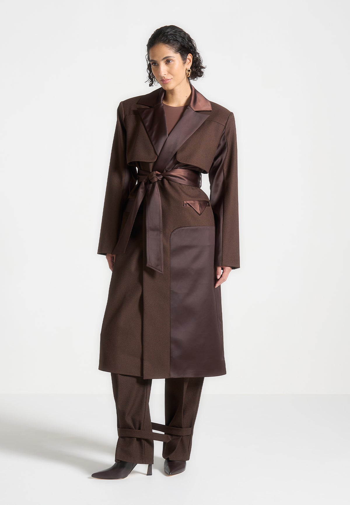 Ilona - Tailored Satin Trench Coat - Brown