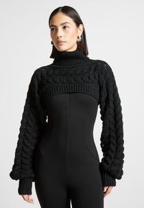 Turtleneck Cable Knit Arm Warmers - Black
