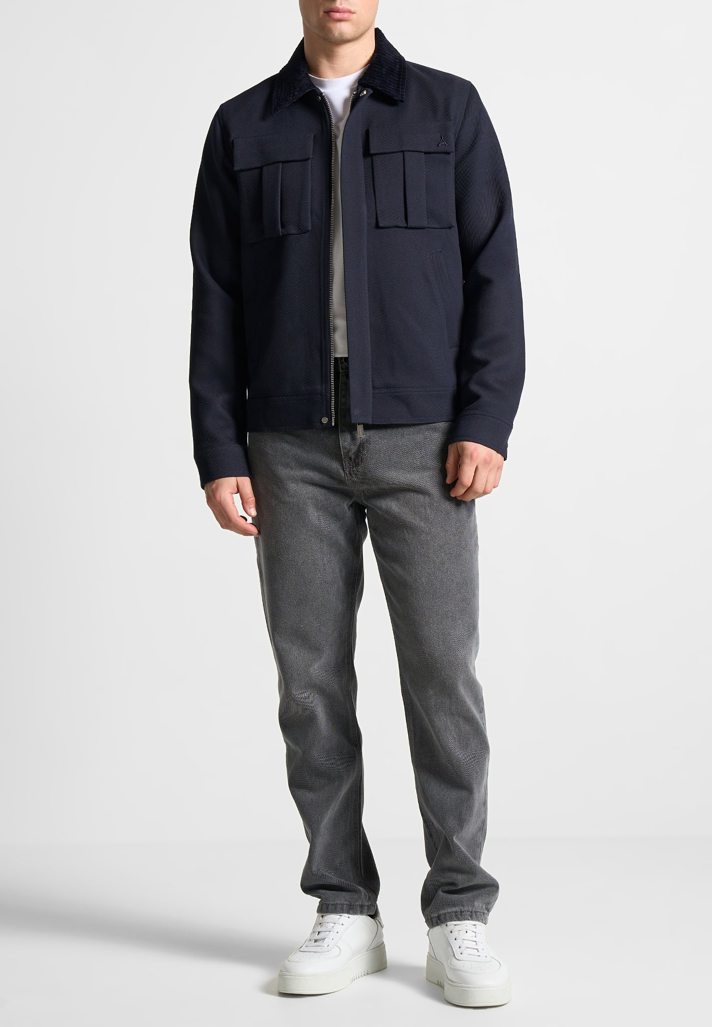 Twill Trucker Jacket with Velvet Collar Navy Maniere De Voir