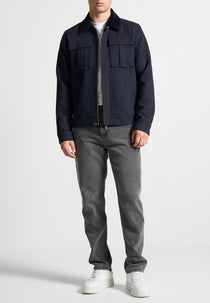 Twill Trucker Jacket with Velvet Collar - Navy