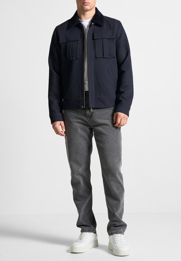 Twill Trucker Jacket with Velvet Collar - Navy
