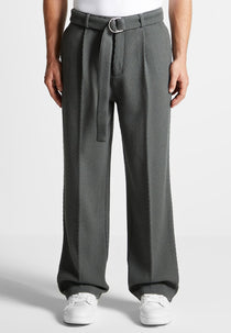 Relaxed Fit Twill Belted Tailored Trousers - Grey