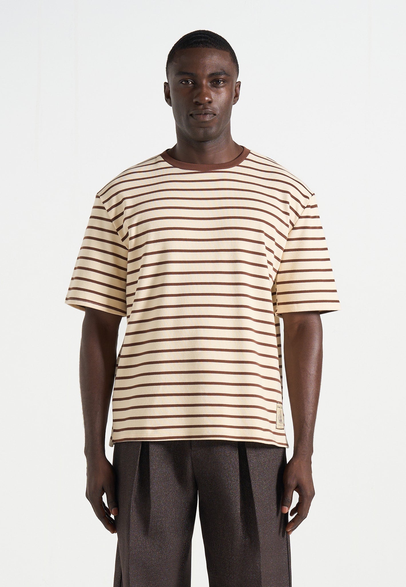 Riley - Unisex Striped Relaxed Fit Cotton T-Shirt - Cream/Brown