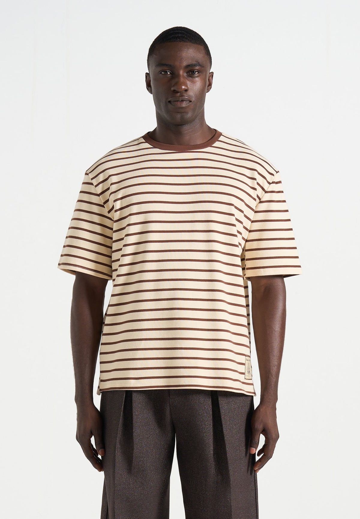 Riley - Unisex Striped Relaxed Fit Cotton T-Shirt - Cream/Brown