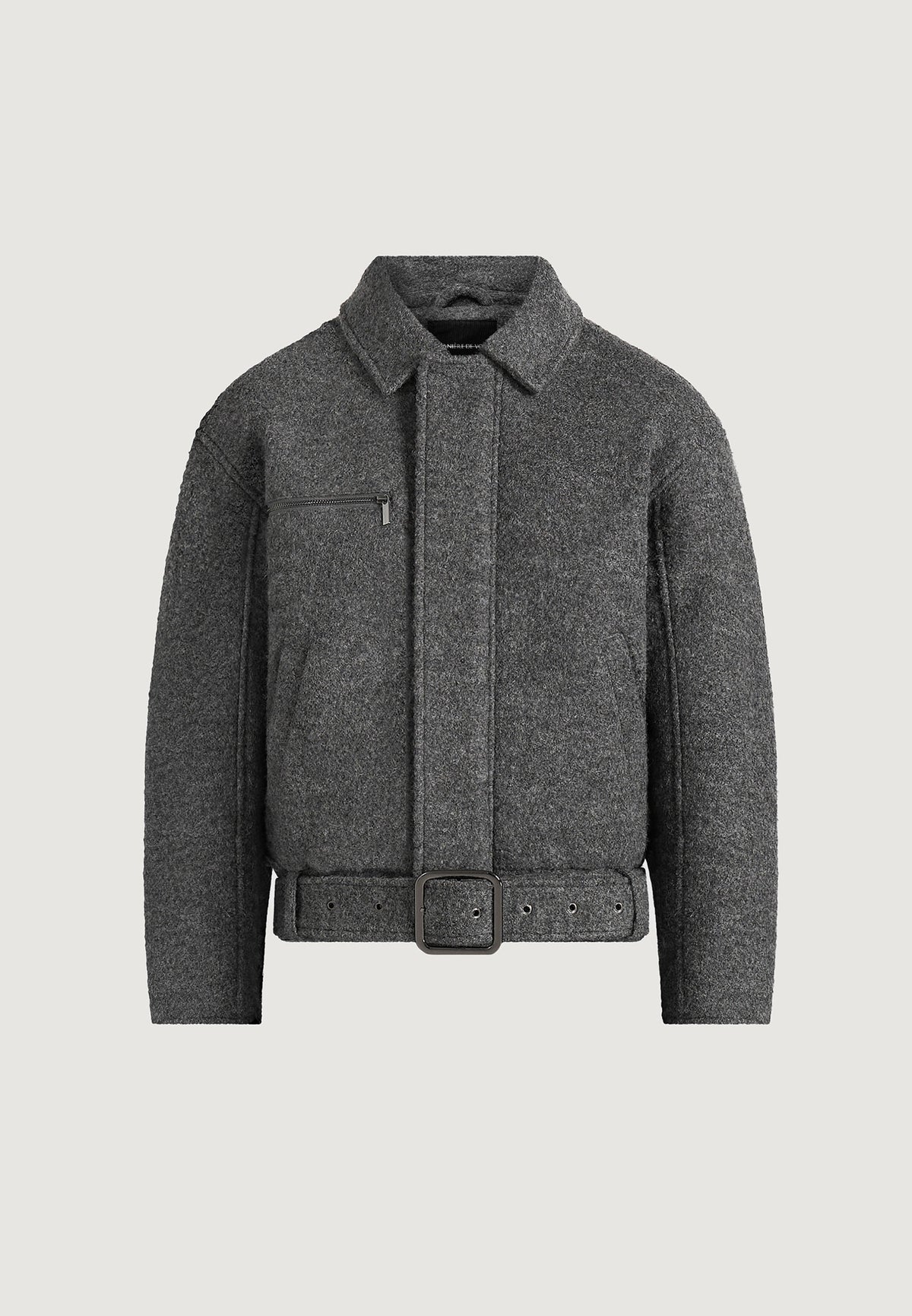 Ezra - Unisex Wool Belted Bomber Jacket - Grey