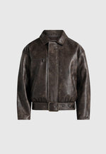 Ezra - Unisex Vintage Leather Belted Bomber Jacket - Brown