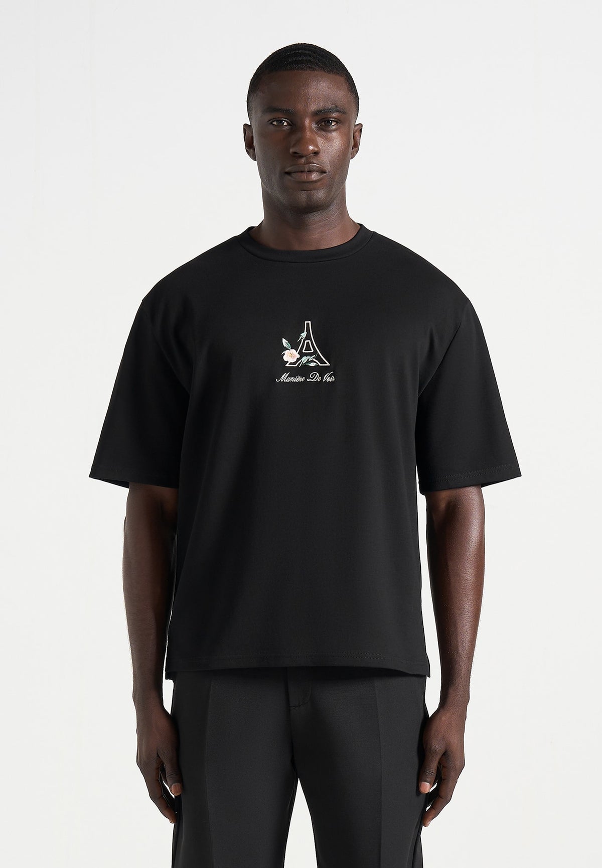 TS008 - Unisex Floral Eiffel Cotton T-Shirt - Black
