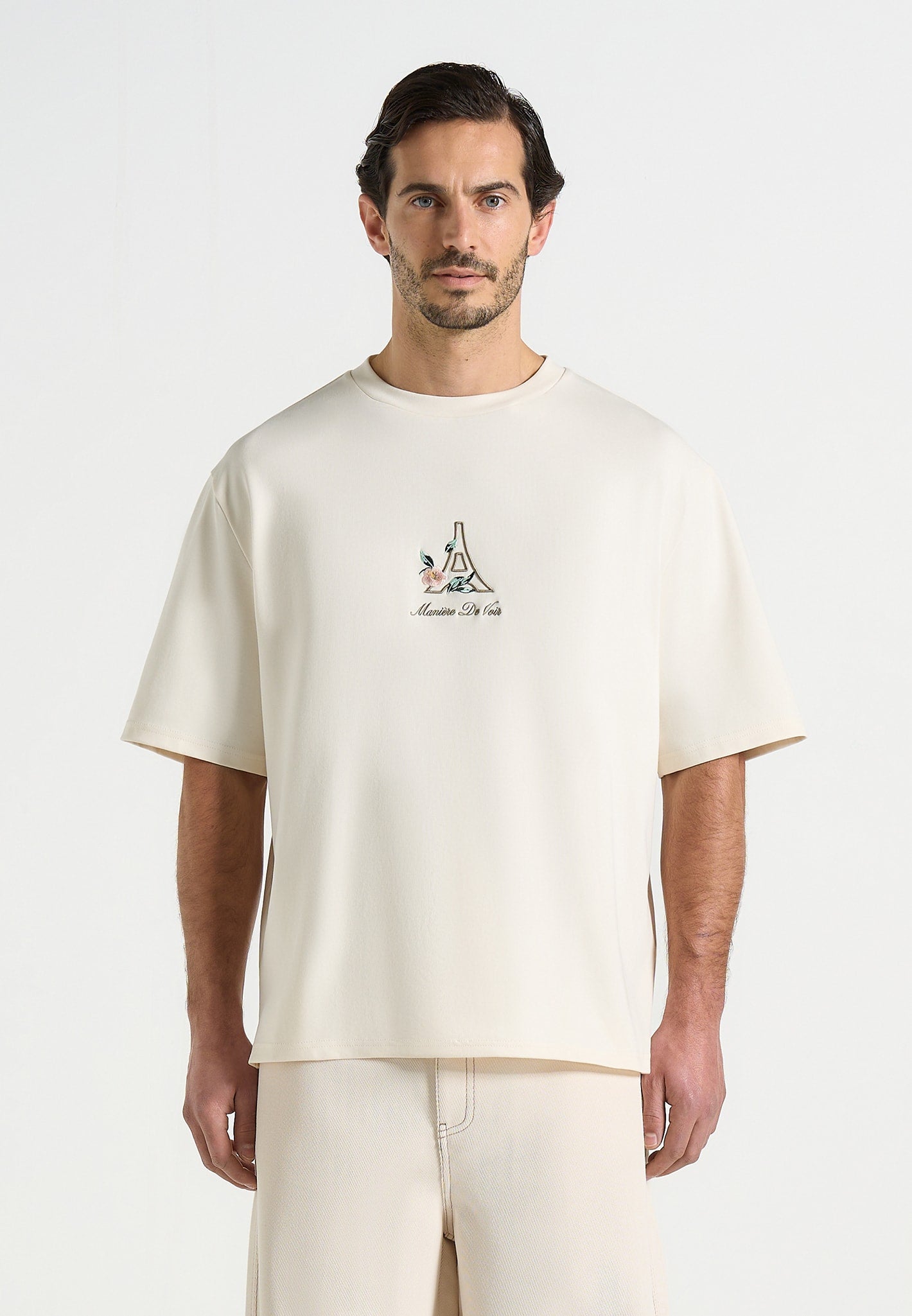 TS008 - Unisex Floral Eiffel Cotton T-Shirt - Cream