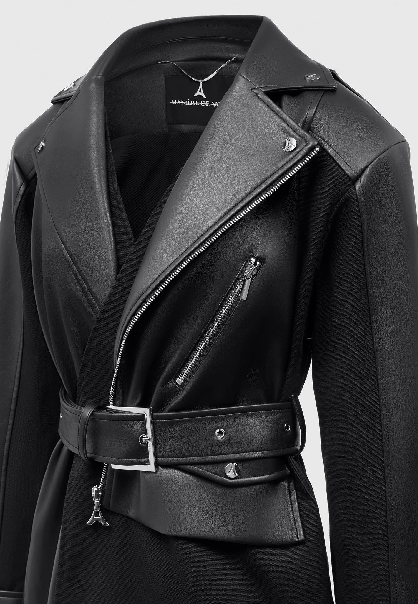 Vegan Leather Biker Trench Coat Black