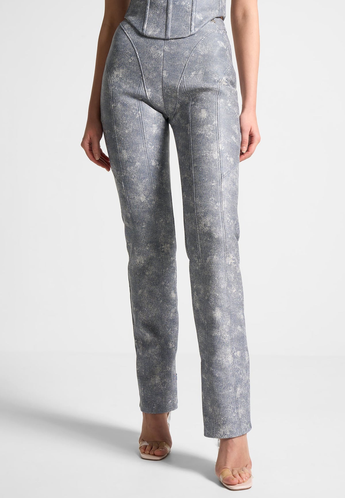 Leather Denim Effect Straight Leg Trousers - Blue