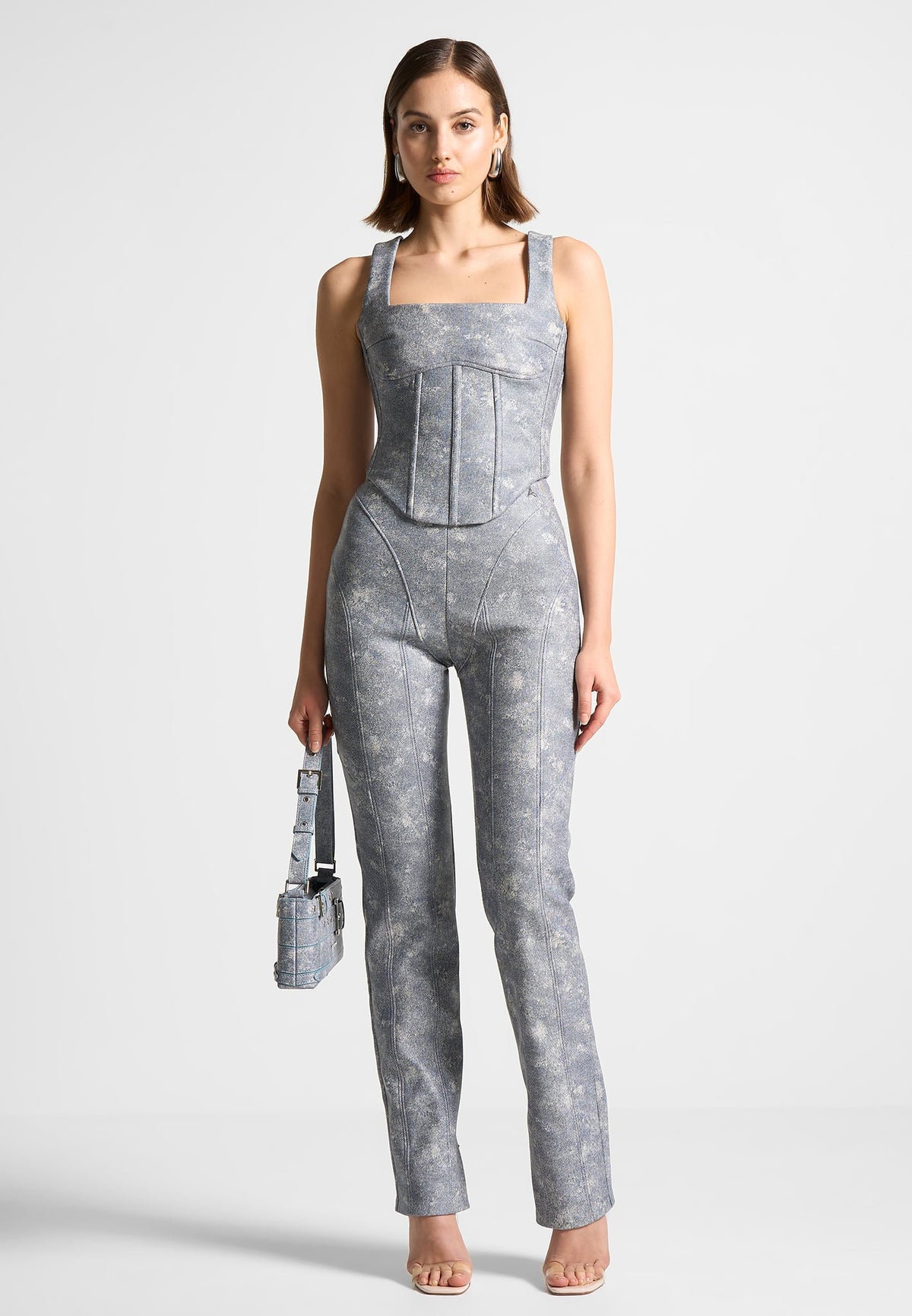 Leather Denim Effect Straight Leg Trousers - Blue