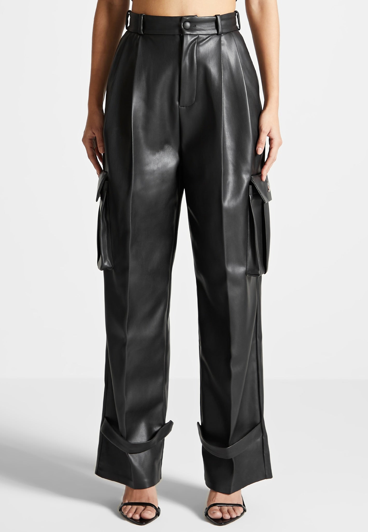 vegan-leather-pleated-cargo-trousers-black