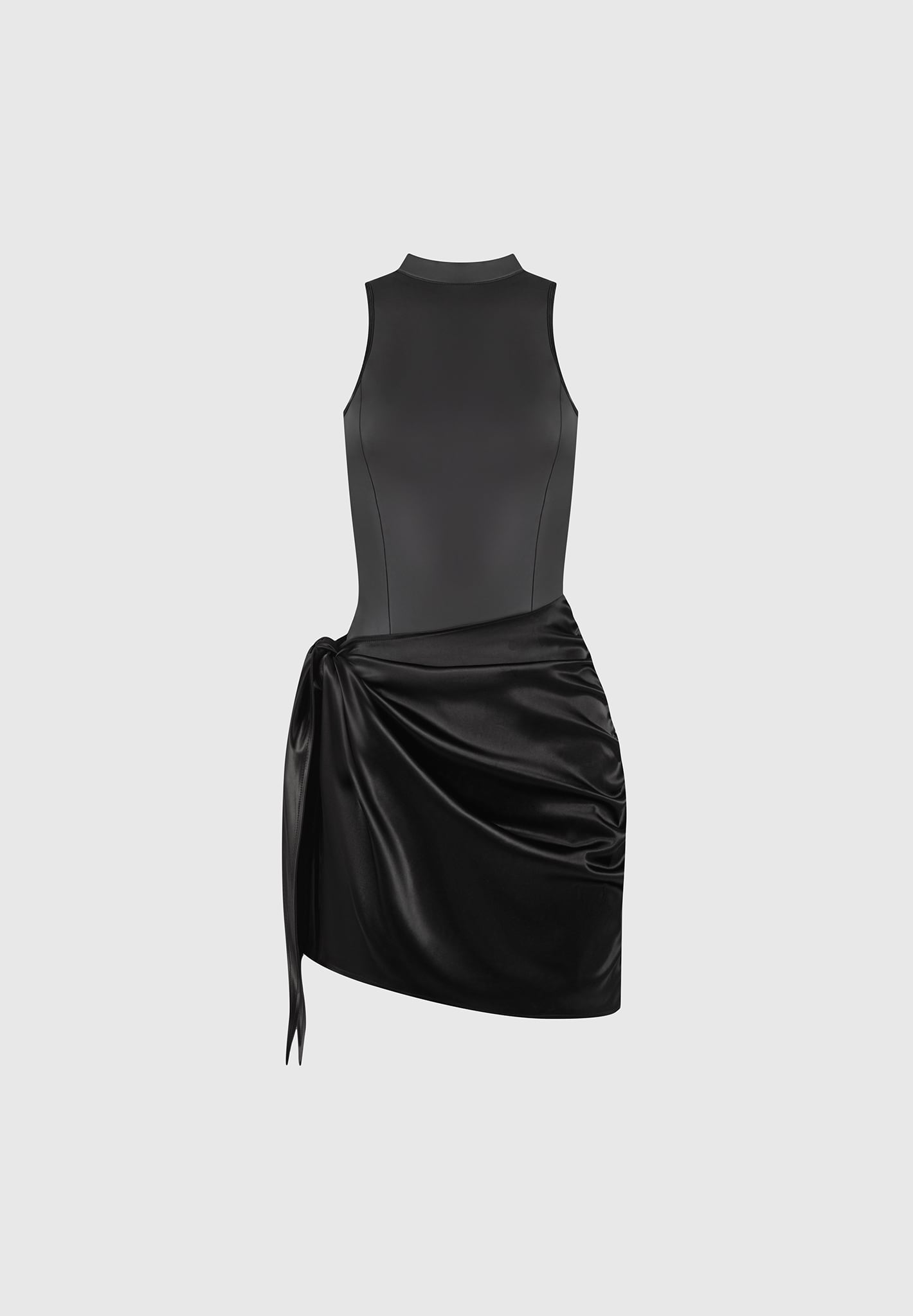 Vegan Leather & Satin Wrap Bodycon Dress - Black