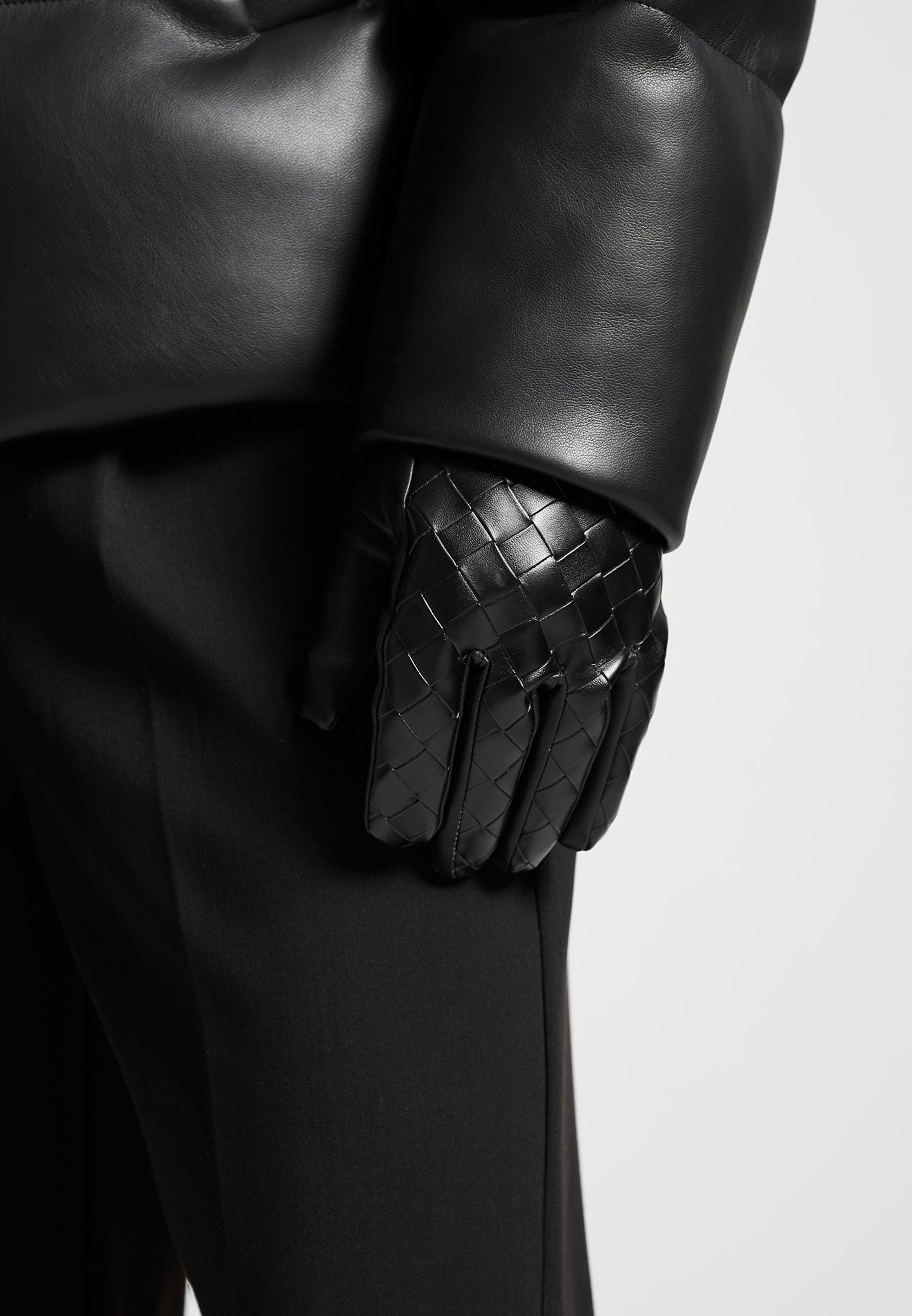 Vegan Leather Woven Gloves - Black