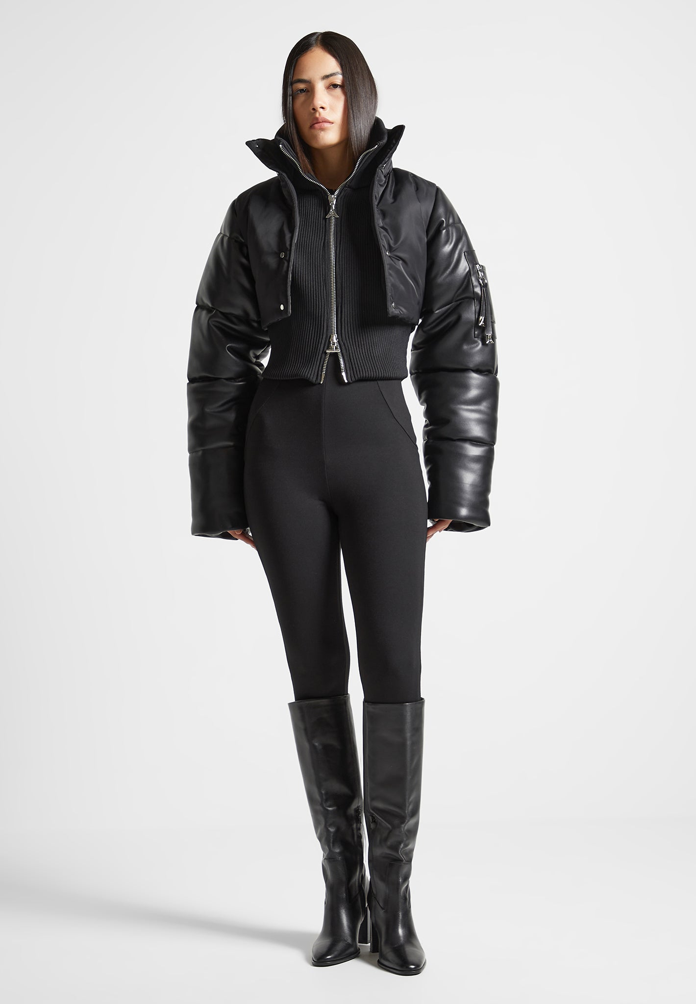 vegan-leather-and-nylon-layered-puffer-jacket-black