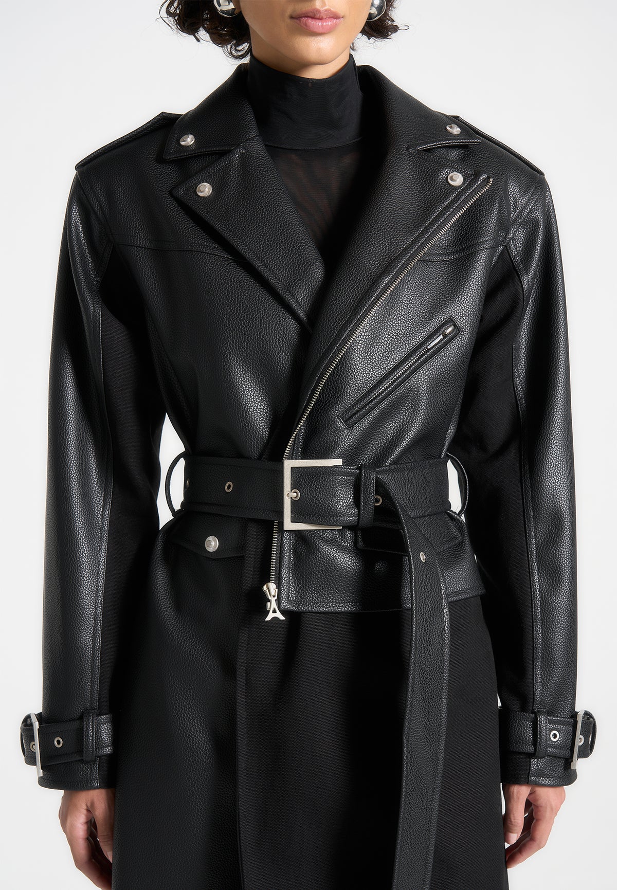 Ayleen - Leather Biker Trench Coat - Black