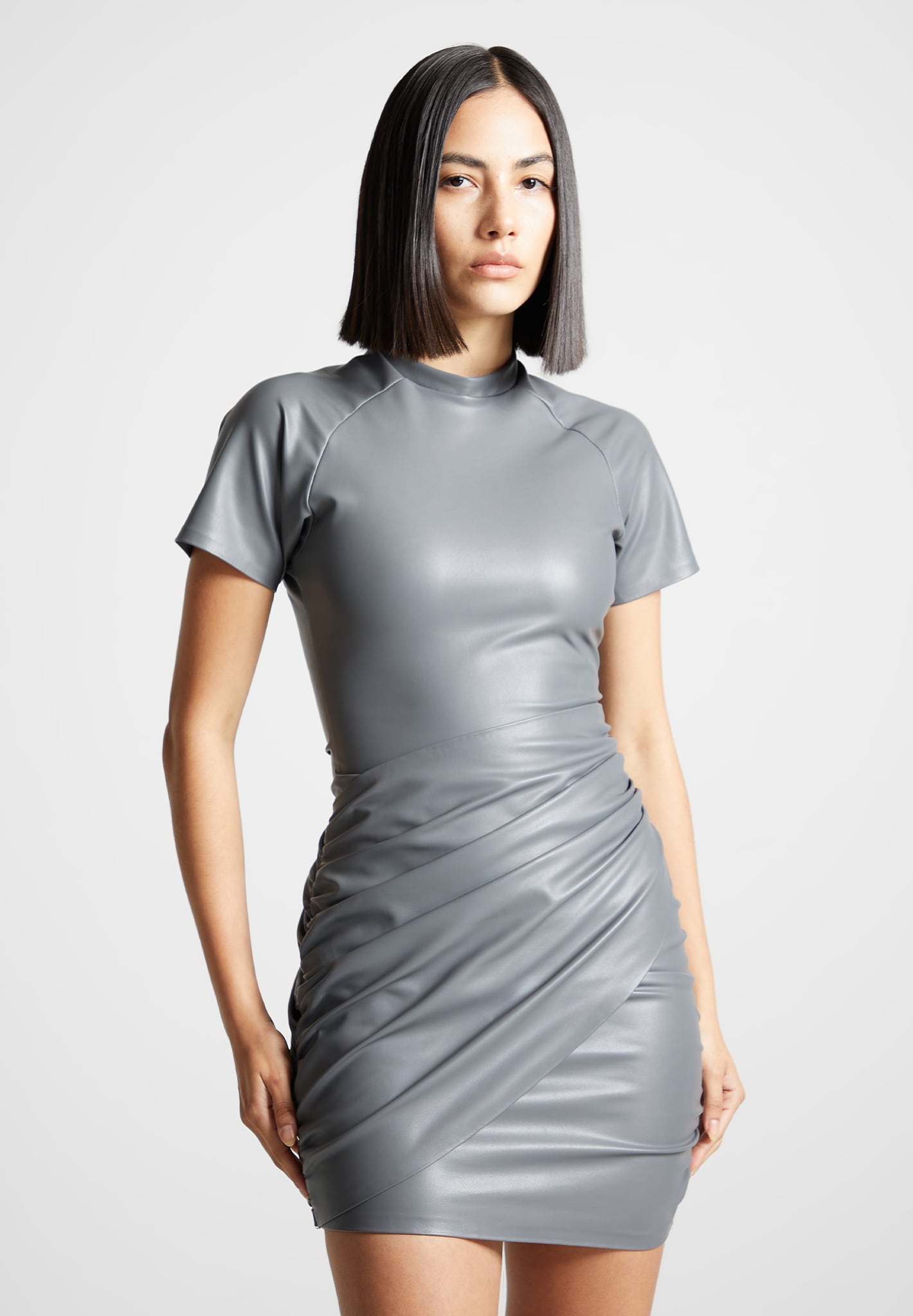 Vegan Leather Gathered Dress - Grey