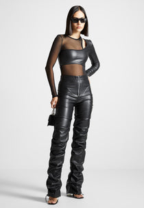 Leather Overlay Mesh Bodysuit - Black