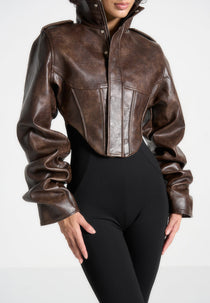 Solange - Vintage Leather Tacked Sleeve Corset Jacket - Brown
