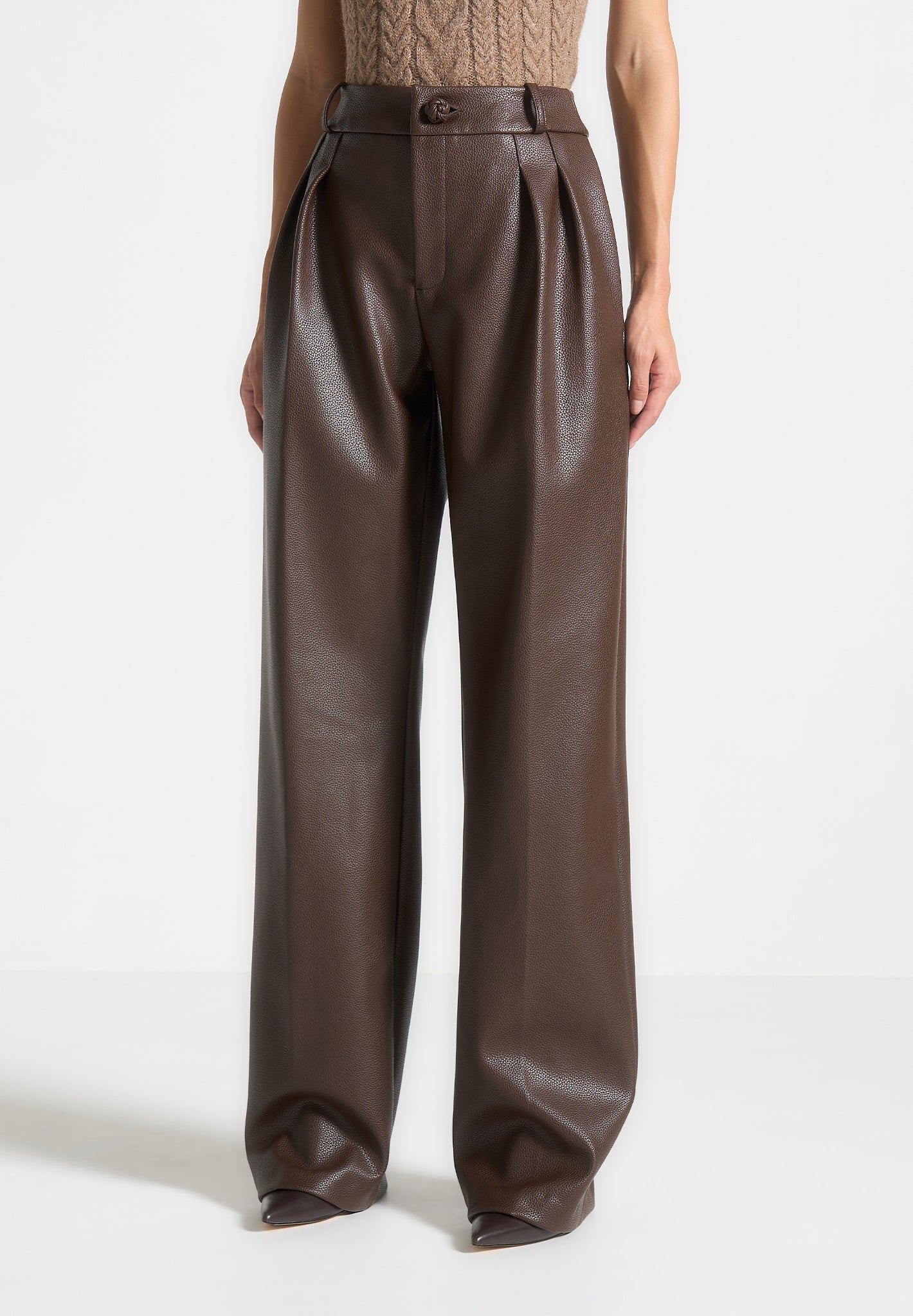 olivia-pebbled-leather-pleated-stacked-trousers-brown